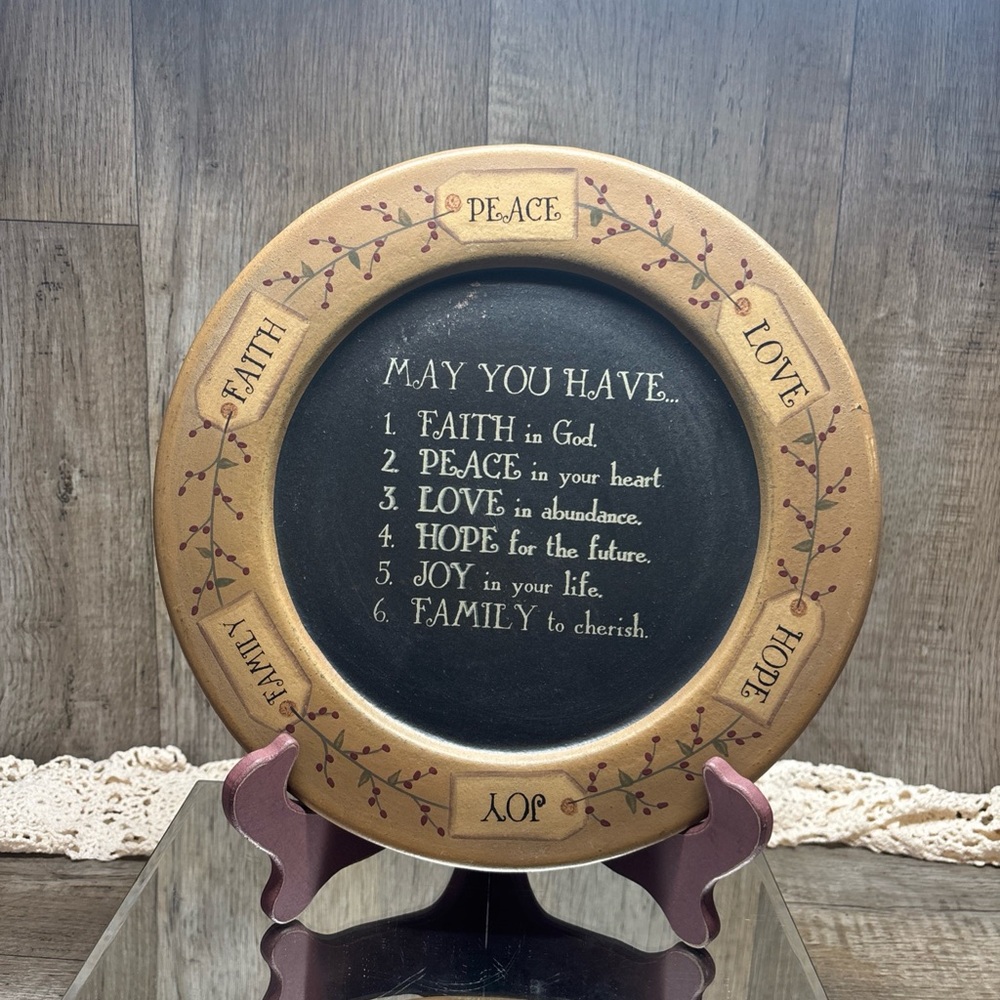 Primitive Wood Plate May You Have Faith Peace Love Barbara Lloyd 11 inch